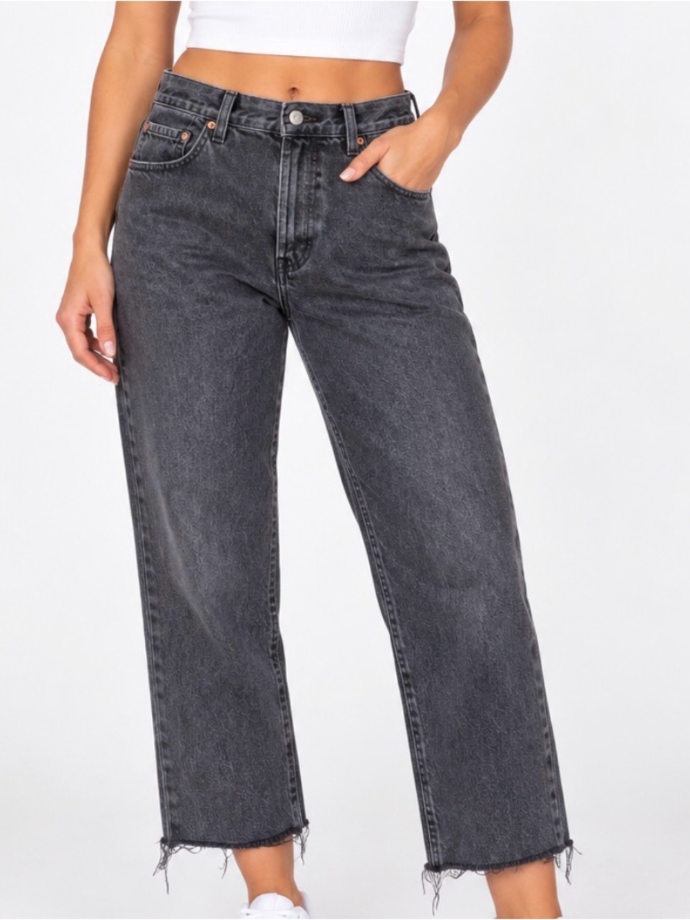 Levi's 501 cropped Black Washed Straight-Leg Jeans 32"X26" frayed/raw hem
